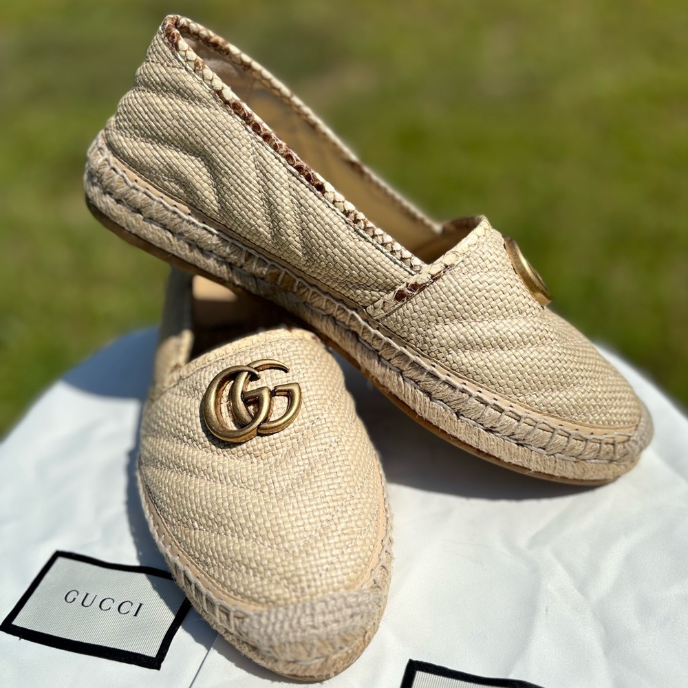 Gucci Tan Espadrille Loafers with Gold Logo
